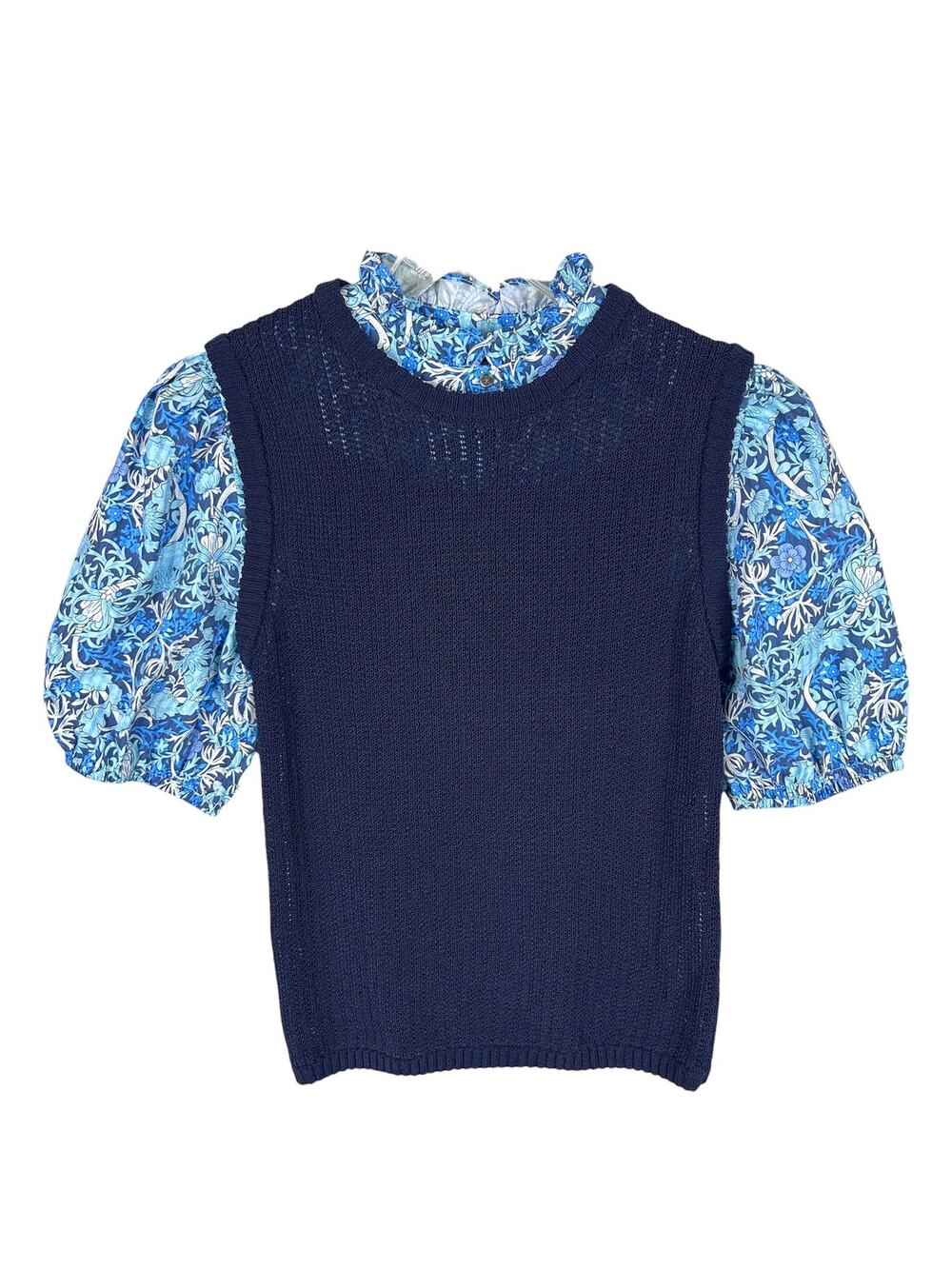 Anthropologie Current Air Floral Removable Collar Knit Puff Sleeve Blouse S